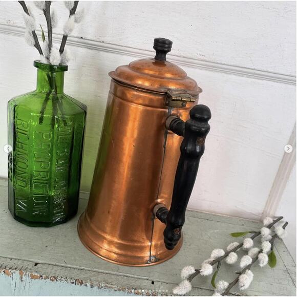 Vintage Copper Brass Cowboy Coffeepot Wood Handle Knob Brass Hinge Spout Cover - Picture 5 of 10